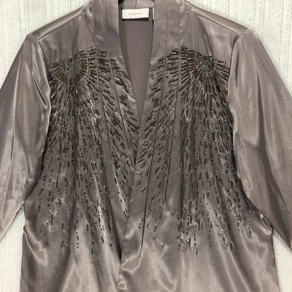 Chico's Beaded Satin Open Front Kimono Jacket Taupe Grey‎ Size 1 M L Embellished